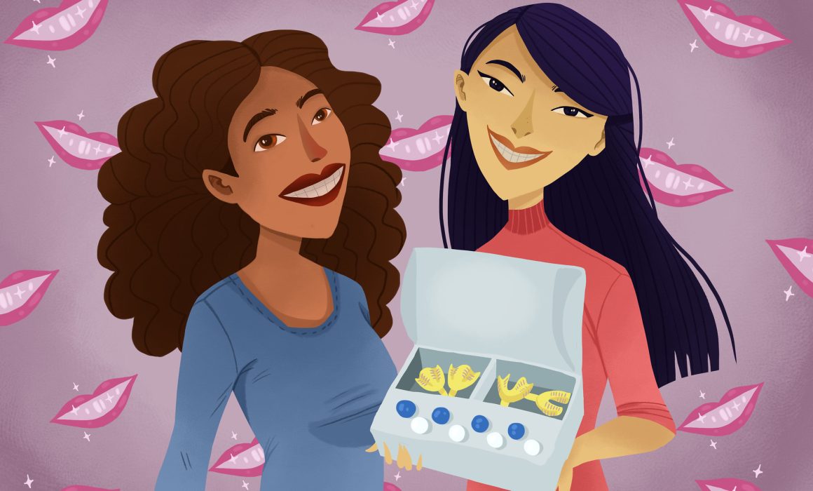 drawing of two woman about to receive clear aligners