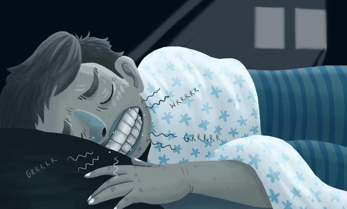 man experiencing bruxism or teeth grinding at night who needs a custom nightguard